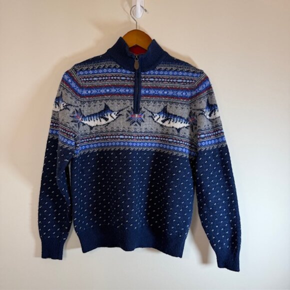 Vineyard Vines Sweater Sm Shark Design Quarter Zip Pullover Merino Wool Alpaca